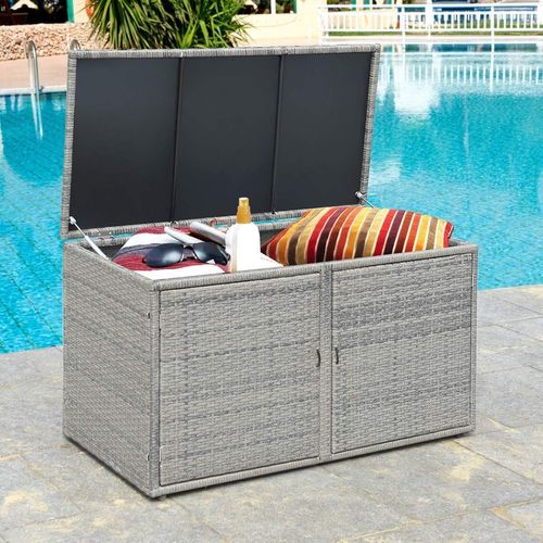 Auflagenbox 330 L mit Deckel & Doppeltüren, Rattan-Gartenbox mit 2 Ablage, Aufbewahrungsbox, Kissenbox für Vordergarten, Hinterhof (Grau)