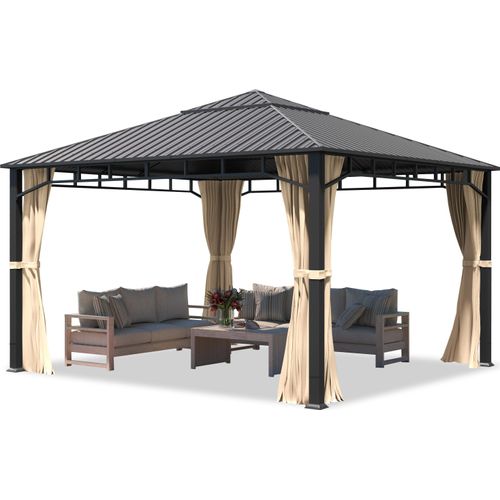 Gartenpavillon 4x4 m Stahldach Hardtop, 4 Seitenteile in Champagner, Pfosten 9x9 cm