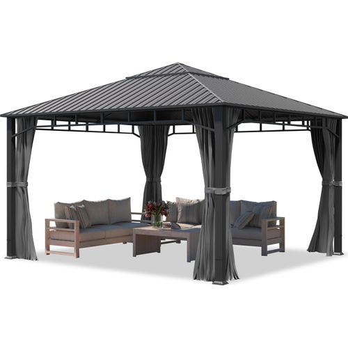 Gartenpavillon 4x4 m Stahldach Hardtop, 4 Seitenteile in Grau, Pfosten 9x9 cm
