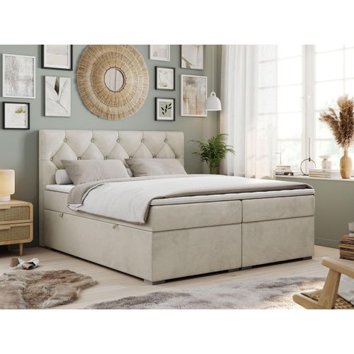 Boxspringbett 120x200 mit Bettkasten, Boxspringbett 120x200 mit Matratze, Doppelbett mit Matratze und Topper - Polsterbett mit Kopfteil - Stauraumbett - ALDA - 120x200 - Beige - Velvet - H4