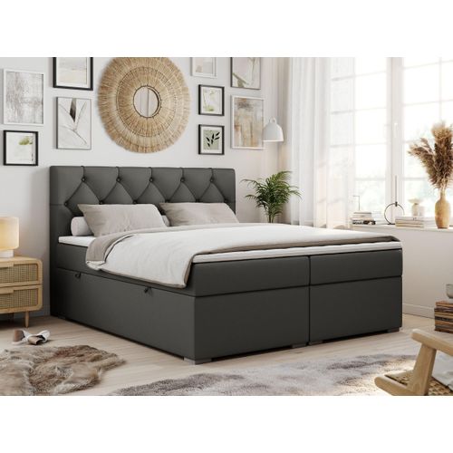 Boxspringbett 180x200 mit Bettkasten, Boxspringbett 180x200 mit Matratze, Doppelbett mit Matratze und Topper - Polsterbett mit Kopfteil - Stauraumbett - ALDA - 180x200 - Dunkelgrau - Kunstleder - H4
