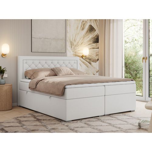 MKS MEBLE Boxspringbett 120x200 mit Bettkasten, Polsterbett 120x200 mit Matratze H3 Topper, Boxspringbett 120x200, Polsterbett 120x200, Bett 120x200 mit Kopfteil - Weiß Kunstleder - H3 - JASIR