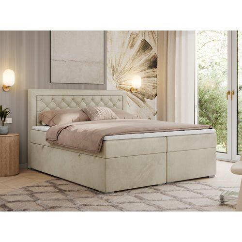 MKS MEBLE Boxspringbett 120x200 mit Bettkasten, Polsterbett 120x200 mit Matratze H4 Topper, Boxspringbett 120x200, Polsterbett 120x200, Bett 120x200 mit Kopfteil - Beige Velvet - H4 - JASIR