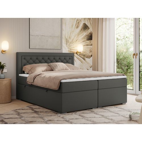MKS MEBLE Boxspringbett 180x200 mit Bettkasten, Polsterbett 180x200 mit Matratze H4 Topper, Boxspringbett 180x200, Polsterbett 180x200, Bett 180x200 mit Kopfteil - Dunkelgrau Kunstleder - H4 - JASIR