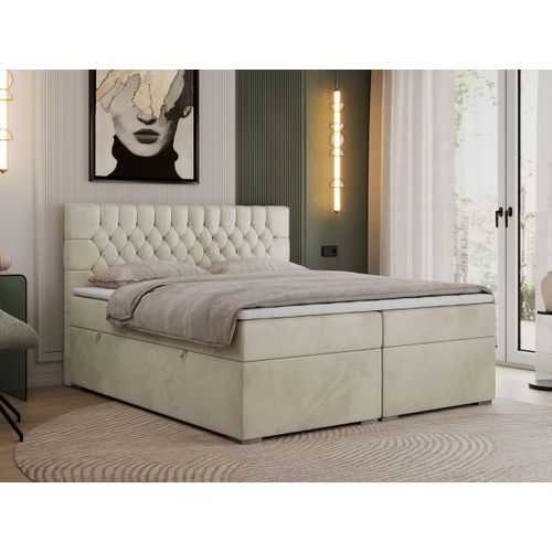Boxspringbett 160x200 mit Matratze und Topper, Boxspringbett 160x200 mit Bettkasten und Kopfteil - PERA - 160x200 - Beige - Velvet - H3