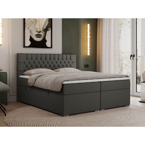 Boxspringbett 180x200 mit Matratze und Topper, Boxspringbett 180x200 mit Bettkasten und Kopfteil - PERA - 180x200 - Dunkelgrau - Kunstleder - H3