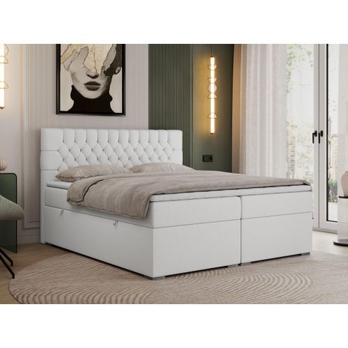 Boxspringbett 120x200 mit Matratze und Topper, Boxspringbett 120x200 mit Bettkasten und Kopfteil - PERA - 120x200 - Weiß - Kunstleder - H3