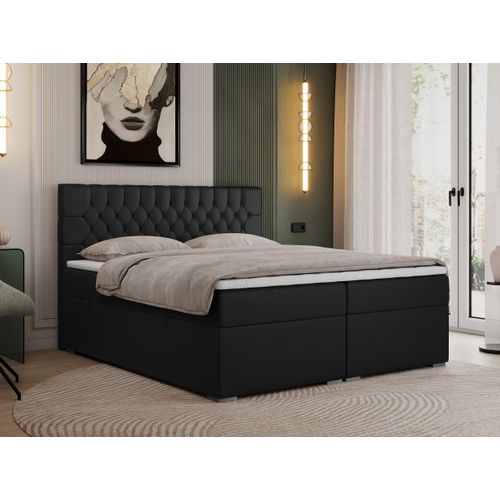 Boxspringbett 180x200 mit Matratze und Topper, Boxspringbett 180x200 mit Bettkasten und Kopfteil - PERA - 180x200 - Schwarz - Kunstleder - H4