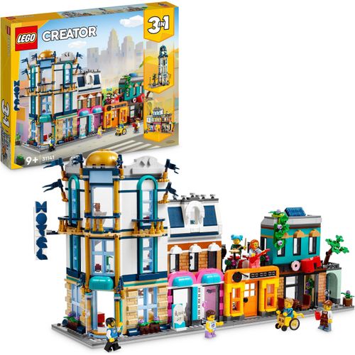 LEGO 31141 Creator 3-in-1 Hauptstraße zu Art-déco-Hochhaus oder Marktstraße Modellbau-Set, Konstruktionsspielzeug mit Hotel, Café, Wohnungen und Geschäften, Kreativer Modellbausatz
