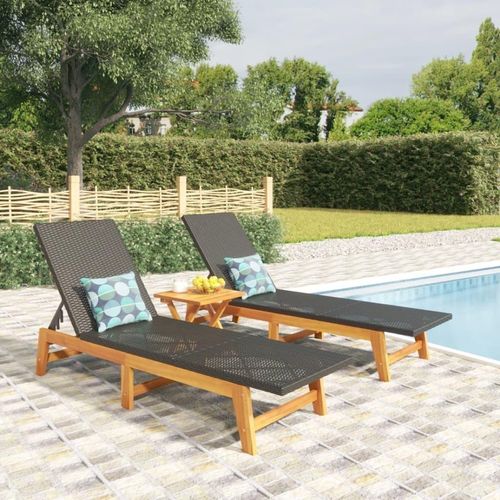 CHARME Sonnenliegen 2 Stk. Schwarz Braun Poly Rattan Massivholz Akazie elegante Summer90841
