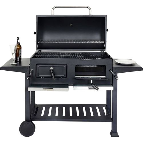 Holzkohlegrill HWC-K94, Grillwagen Standgrill BBQ Gartengrill mit Deckel Ablage, Stahl Emaille 110x153x60cm schwarz