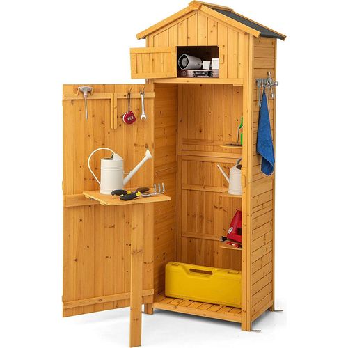 Gerätehaus mit 8 Haken & 3 Regalen & Faltbarem Tisch & Oberem Fach, Gartenschrank mit Schrägdach, Geräteschrank Gartenhaus Wetterfest, Werkzeugschrank Holz