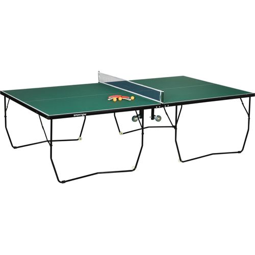 SPORTNOW Tischtennistisch Klappbar, Indoor Tischtennisplatte mit Rollen, Tischtennisspiel-Set mit 2 Tischtennisschlägern und 3 Bällen, Stahl, Grün, 274 x 152,5 x 76 cm