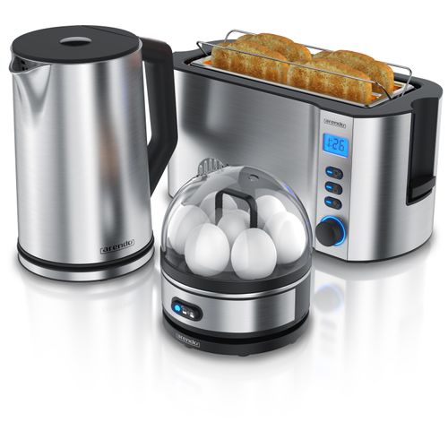 Arendo Frühstücksset, Wasserkocher 1,5l, 4-Scheiben Langschlitztoaster, 7er Eierkocher SEVENCOOK, Silber