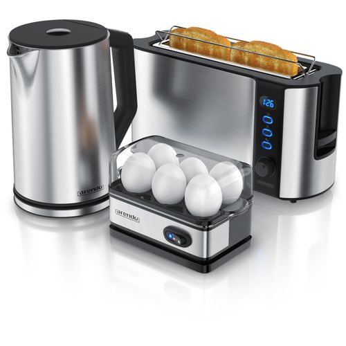Arendo Frühstücksset 3-teilig, 2-Scheiben Toaster, 6er Eierkocher, Wasserkocher 1,5L, Silber