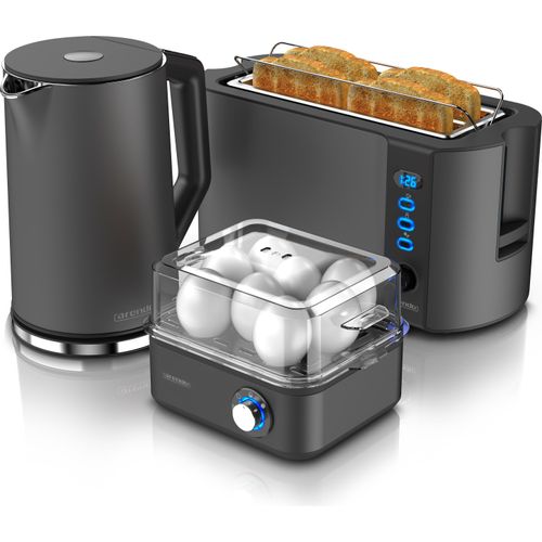 Arendo 3-teiliges Frühstücksset - Wasserkocher 1,5l, 4-Scheiben Toaster, 8er Eierkocher, Grau