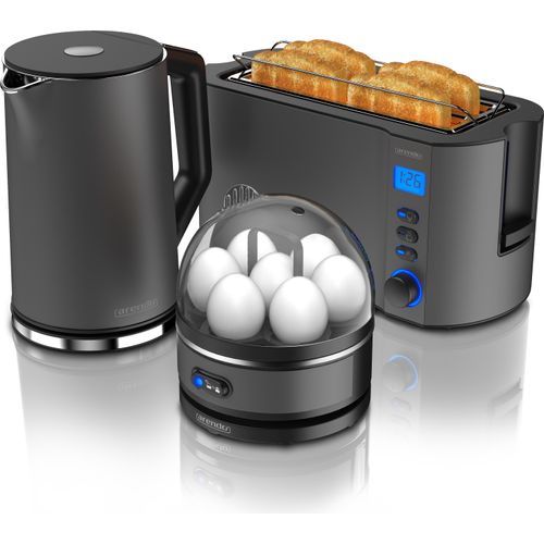 Arendo - SET Toaster MANHA mit Eierkocher SEVENCOOK Edelstahl Grau, Toaster 4 Scheiben, LED-Display, 6 Bräunungsgrade, Brötchenhalter - Eierkocher 1-7 Eier, Messbecher
