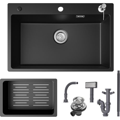 CECIPA Granitspüle Küchenspüle 70*45cm Schwarz spüle mit Seifenspender und Abflusskorb