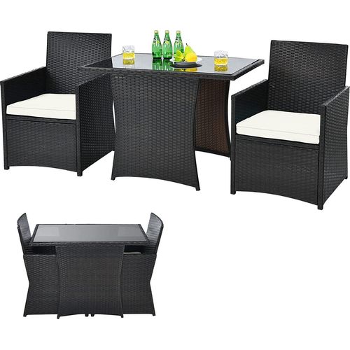 COSTWAY 3tlg. Polyrattan Gartenmöbel Set, 2 Sessel und 1 Beistelltisch mit Glasplatte, Rattanmöbel Platzsparend, Gartenlounge Gartengarnitur Sitzgruppe, Sitzgarnitur Gartenset inkl. Sitzkissen