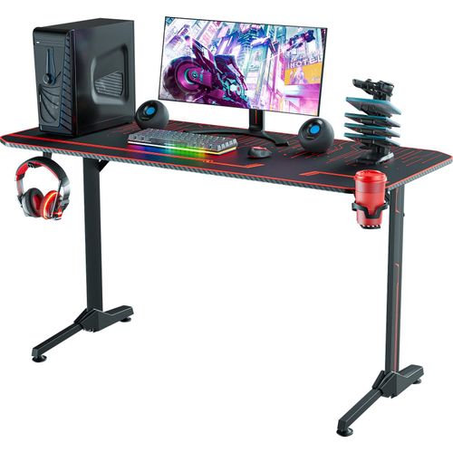 Gaming Tisch 1.4m T-Form Computertisch, Schreibtisch Holz, Ergonomisch, Mauspad Becherhalter, Schwarz