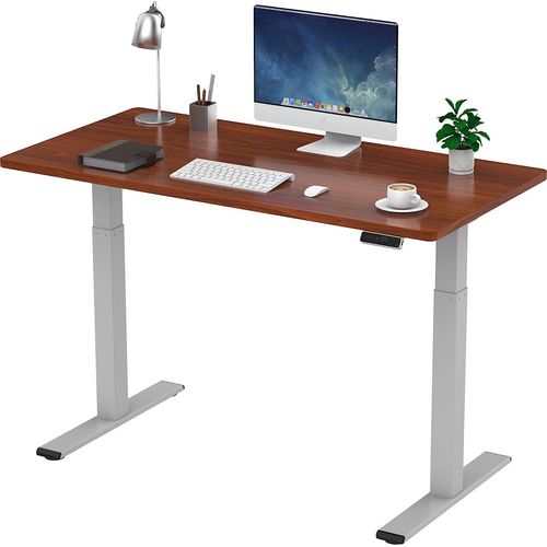 SANODESK - 140x80cm elektrisch höhenverstellbarer Schreibtisch mit Kollisionschutz, Kindersicherung, 4 Memory-SteuerungGrau+Mahogany)