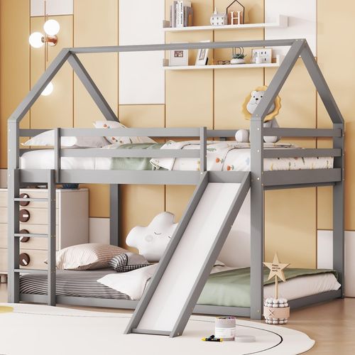 Kinderbett Doppelbett Hausbett Etagenbett mit Rutsche und Leiter, Kinderzimmer Hoch-Doppel-Stockbett, Grau, 140x200cm