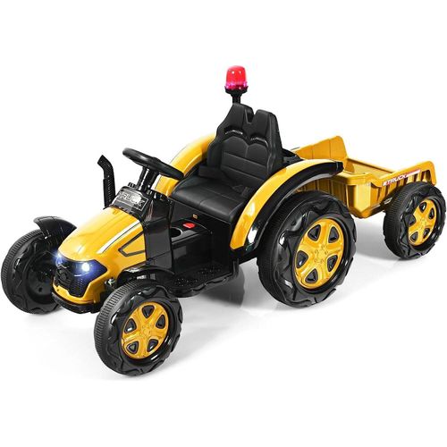 COSTWAY 12V Elektro Traktor für Kinder mit abnehmbarem Anhanger und 2,4G Fernbedienung, Aufsitztraktor 3-8 km/h mit Warnleuchte, Hupe, Musik, Getränkehalter, geeignet fur Kinder ab 3 Jahren (Gelb)
