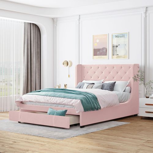 Fortuna Lai Polsterbett 140 x 200 cm Bett mit Lattenrost, Rückenlehne und Großer Schublade, Hautfreundliche Pro-Leinen-Stoff, Doppelbett Einfaches Design, Erwachsenen, Jugendbett, Rosa (Ohne Matratze)