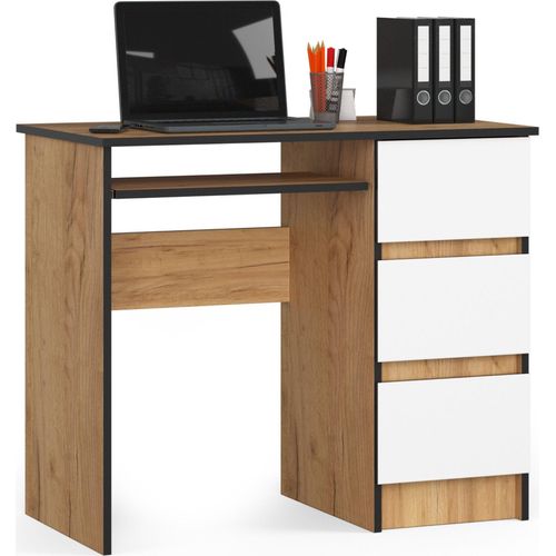 Computertisch Bürotisch mit ausziehbarer Tastaturablage, Laminatplatte mit ABS-Kante, mit 3 Schubladen rechts, 90 x 50 x 77 cm, Eiche weiß