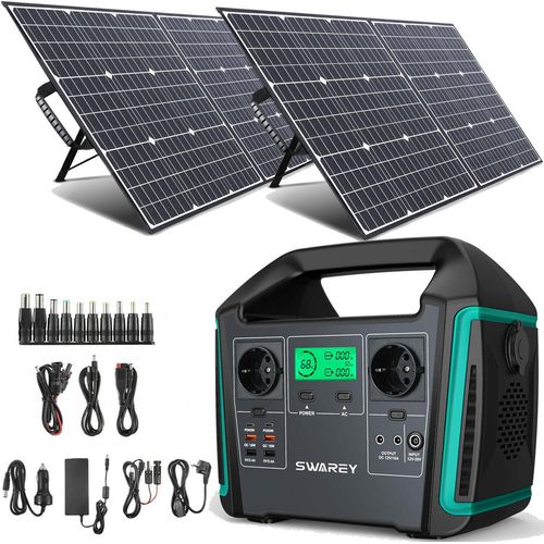 SWAREY S1000 1000W (1500W Spitzenwert) Tragbare Powerstation Stromerzeuger Solarspeicher 725,76Wh Power Station Solar Generator Power Stromgenerator Lithium-ion Batterie mit 2x 100W Solarpanels Solaranlagen Solarladegerät Solarzelle Solarbox Akku Ladegerät für Notstrom/Camping/Notfall/Reise/CPAP/Wohnmobile/zu Hause