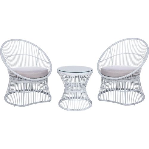 BELIANI Balkonset Weiß Rattan 3-teilig 2 Sessel mit Couchtisch Auflagen Beige Boho Outdoor Indoor Garten Terrasse Balkon Wohnzimmer Schlafzimmer