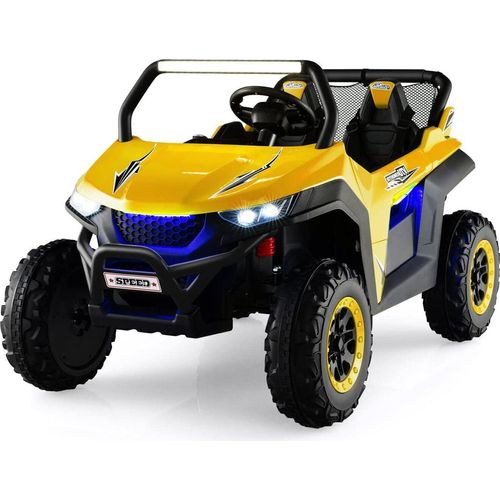 COSTWAY 2 Sitzer Kinderauto mit 2,4G Fernbedienung, 12V Kinder UTV mit Musik und Scheinwerfer, 2-4 km/h, für Kinder ab 3 Jahren (Gelb)