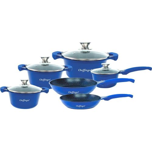 10-Teilig Kochgeschirr-Set Topf Induktion Alu Guss Pfanne Topfset Kochtopfset Marmor Blau