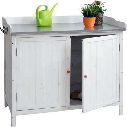 Gartenschrank mit Arbeitsplatte HWC-L69, Pflanztisch, Outdoor Tanne Holz - 86x104x52cm weiß