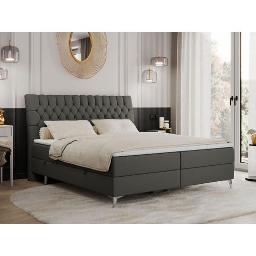 Boxspringbett 200x200 mit 2 Bettkästen Matratze und Topper, Polsterbett 200x200, Bett 200x200 - MILEN - 200x200 cm - Dunkelgrau - Kunstleder - H3