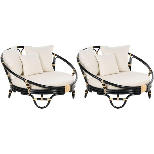 BELIANI Sonneninsel 2er Set Schwarz Rattan mit Auflagen Beige Stoff Rund Boho Gartenmuschel Rattaninsel Loungemöbel Outdoor Garten Terrasse Ausstattung