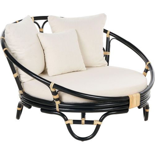 BELIANI Sonneninsel Schwarz Rattan mit Polsterauflage Beige Stoff Rund Boho Gartenmuschel Rattaninsel Loungemöbel Outdoor Garten Terrasse Ausstattung