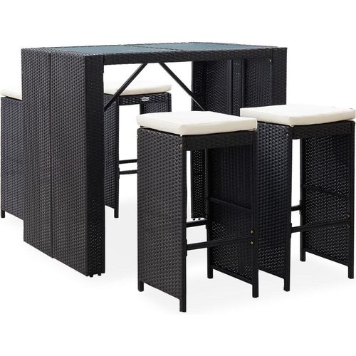 5-tlg. Garten-Bar-Set Poly Rattan und Glas Schwarz