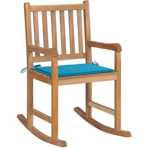 Schaukelstuhl mit Blauem Kissen Massivholz Teak