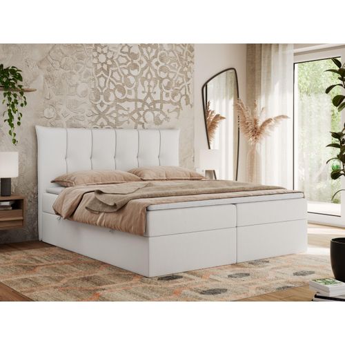 MKS MEBLE Boxspringbett 120x200 mit Bettkasten und Matratze H4, Polsterbett 120x200 mit Bettkasten, Bett 120x200 mit Stauraum und Topper - Premium-10 - Weiß Kunstleder