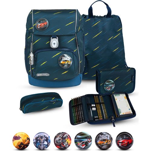 Belmil Premium ergonomischer Schulranzen Set 6 -teilig für Jungen Für kleine Kinder, Erstklässler mit Patch Set/Brustgurt, Hüftgurt/Magnetverschluss/Blau (405-73/P/S Orion Blue)