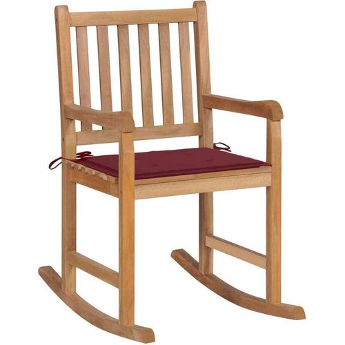 Schaukelstuhl mit Weinrotem Kissen Massivholz Teak