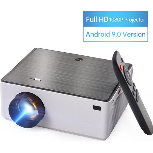 Tragbarer 1080P-Projektor mit 2,4 G/5 G Dualband-WLAN-Wireless-Verbindung, Android 9.0-System, unterstuetzt 150-Zoll-Display, gleiche Bildschirmtechnik, integrierter Dual-Lautsprecher mit Fernbedienung, unterstuetzt TV-Box, Computer, Flash-Disk, TF-Karte fuer Heimkino, Outdoor-Media-Player-Unterhaltung