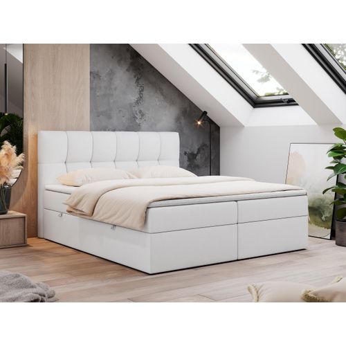 Boxspringbett 140x200 mit Bettkasten, Bett mit Multipocket - Matratze H3 Topper, Polsterbett 140x200 mit Bettkasten Kopfteil, Boxspringbett mit Matratze H3 - RICO - 140x200 - Weiß - Kunstleder - H3