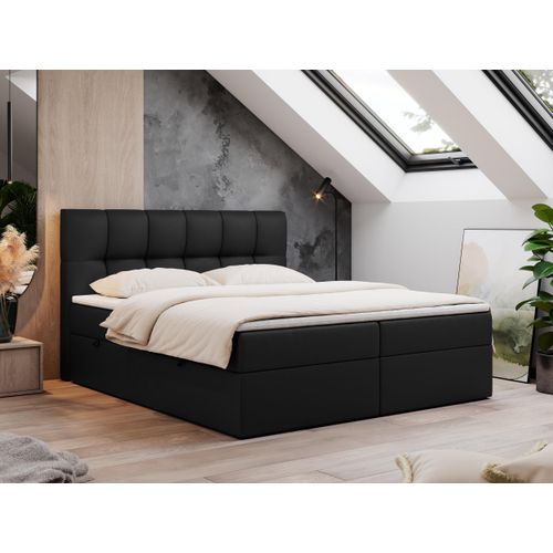 Boxspringbett 140x200 mit Bettkasten, Bett mit Multipocket - Matratze H4 Topper, Polsterbett 140x200 mit Bettkasten Kopfteil, Boxspringbett mit Matratze H4 - RICO - 140x200 - Schwarz - Kunstleder - H4
