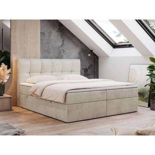 Boxspringbett 120x200 mit Bettkasten, Bett mit Multipocket - Matratze H4 Topper, Polsterbett 120x200 mit Bettkasten Kopfteil, Boxspringbett mit Matratze H4 - RICO - 120x200 - Beige - Velvet - H4