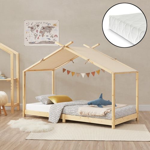 Kinderbett 'Brome' Hausbett mit Matratze 90 x 200 cm Naturfarben
