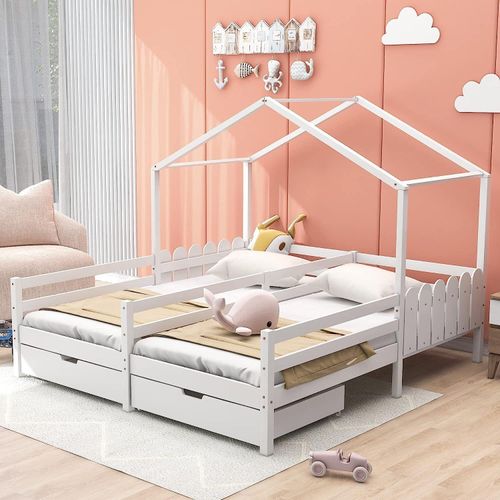 Fortuna Lai Hausbett 90x200 cm mit 2 Schubladen, für 2 Kinder Doppelbett, Vielseitiges Holz Baumhausbett für Mädchen & Jungen, Stabil Spielbett Gitterbett mit Rausfallschutz und Lattenrost, Weiß