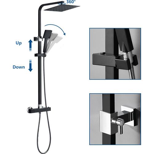 Duschsäule Auralum Thermostatisch höhenverstellbar Badezimmerdusche Zwei Düsen zur Auswahl Duschset Schwarz