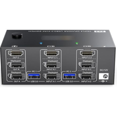 USB 3.0 KVM-Umschalter, zwei Eingaenge, drei Ausgaenge, drei Monitorumschalter, unterstuetzt 8K bei 30 Hz, 4K bei 144 Hz, USB 3.0 Displayport mit kabelgebundener Fernbedienung und 4 Kabeln im Lieferumfang enthalten, kompatibel mit Mac/Windows/Linux